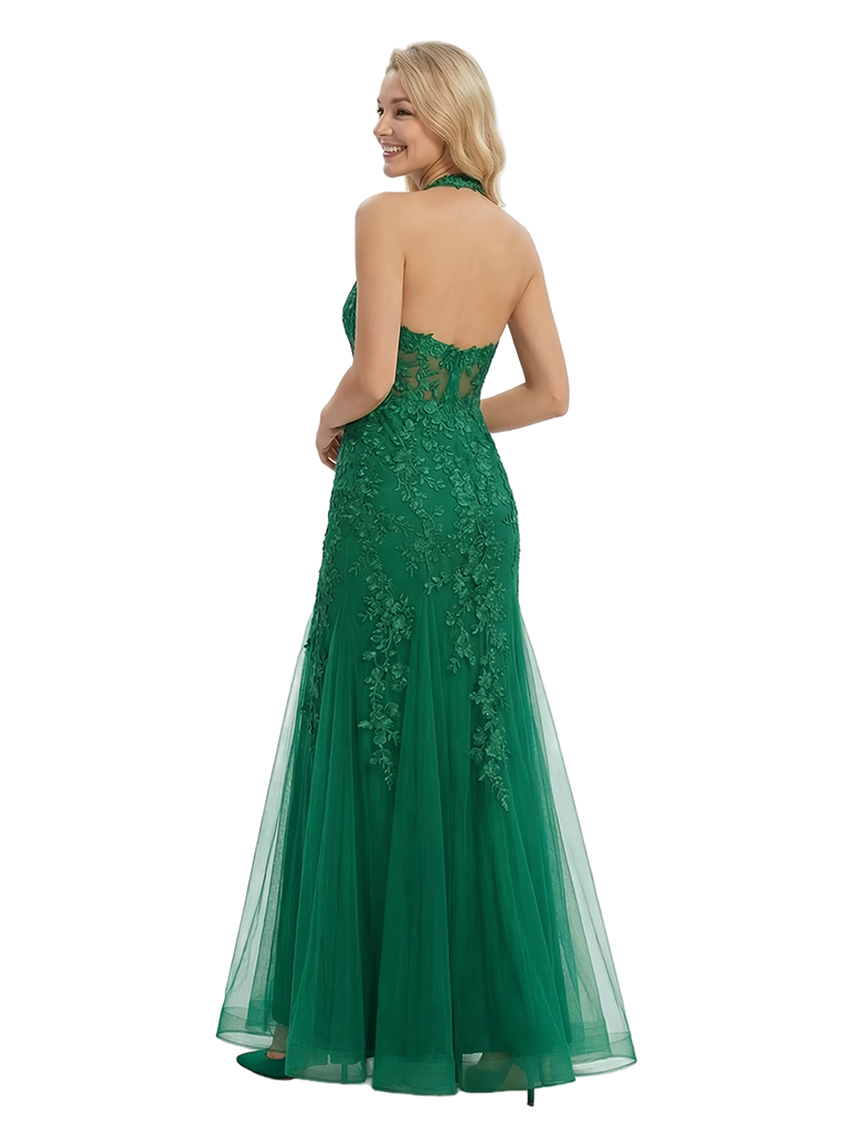 ChicSew Elegant Halter Lace Appliques Long Mermaid Party Tulle Prom Dress