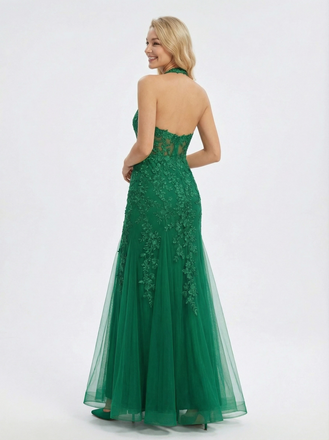 Elegant Halter Lace Appliques Tulle Prom Dress