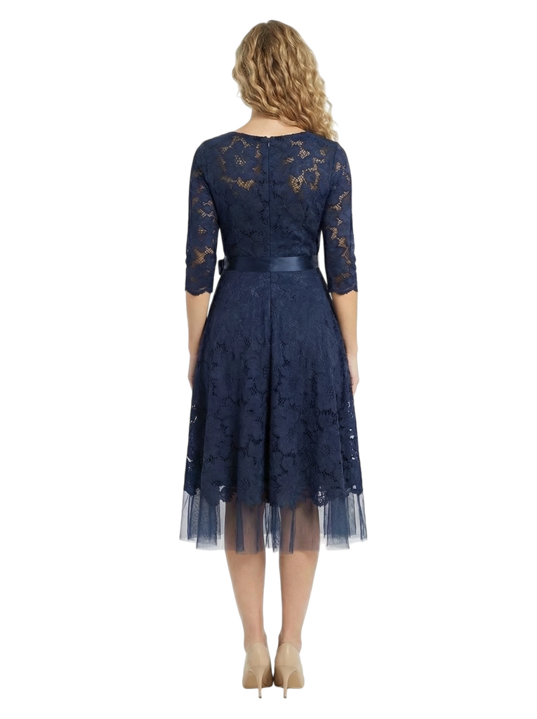 Chicsew Beautiful V-Neck 3/4 Sleeve Lace Mother of The Bride Dress Midi A-Line Bow Accent Flowy Gown