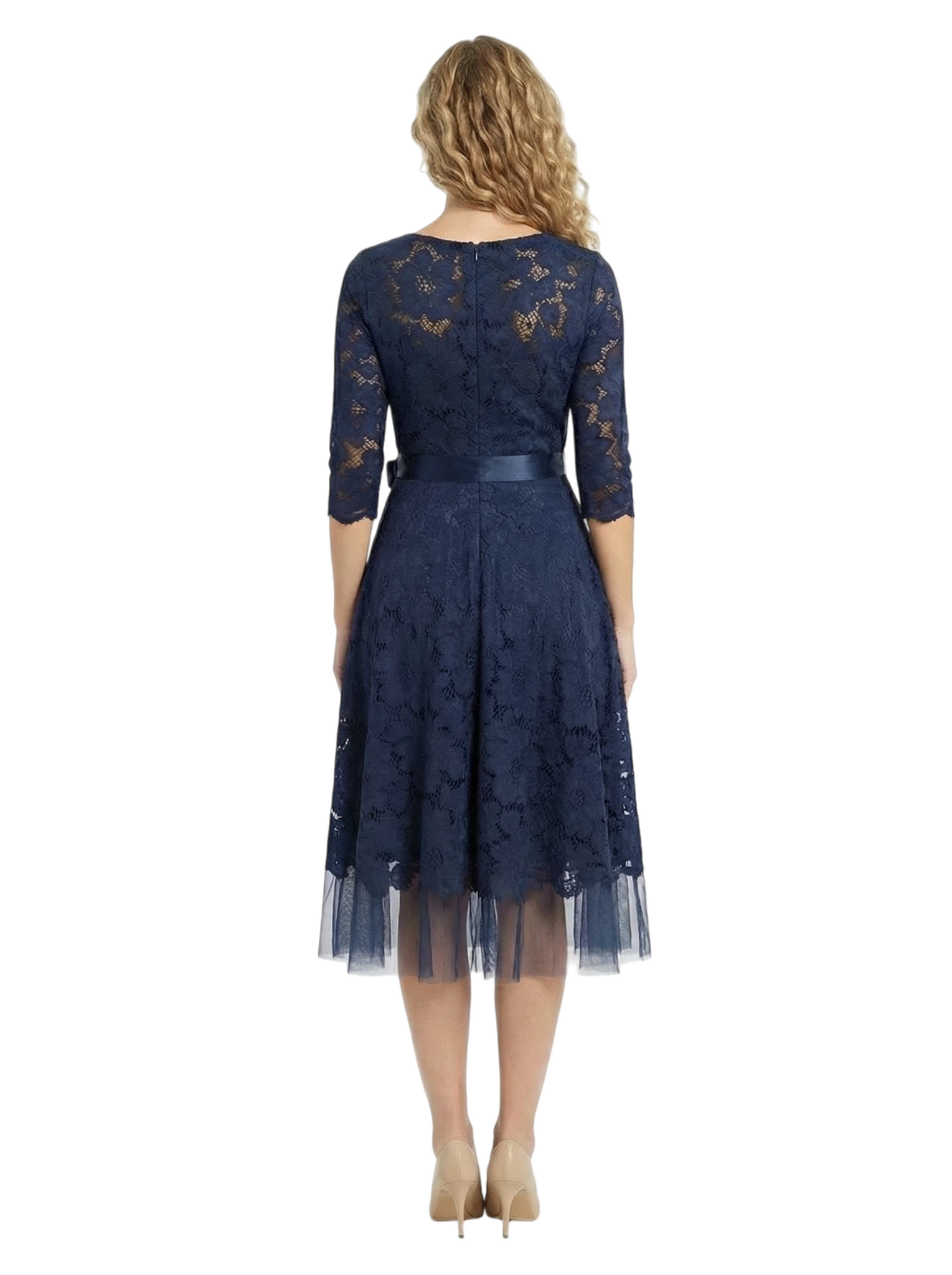 Chicsew Beautiful V-Neck 3/4 Sleeve Lace Mother of The Bride Dress Midi A-Line Bow Accent Flowy Gown