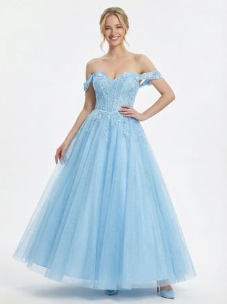 Gorgeous Off the Shoulder Lace Appliques A-line Tulle Prom Dress