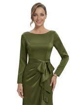 Chicsew Unique Jewel Long Sleeve Satin Mother of The Groom Dress Long A-Line Ruffle Bow Stylish Gown