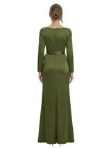 Chicsew Unique Jewel Long Sleeve Satin Mother of The Groom Dress Long A-Line Ruffle Bow Stylish Gown
