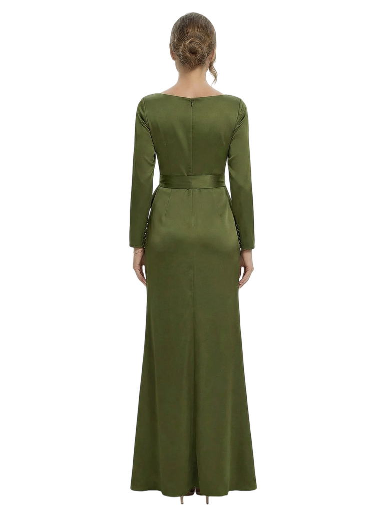 Chicsew Unique Jewel Long Sleeve Satin Mother of The Groom Dress Long A-Line Ruffle Bow Stylish Gown