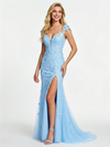 Elegant Floral Applique Side Slit Mermaid Prom Dress with Cap Sleeves