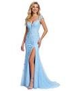 ChicSew Elegant Floral Applique Side Slit Mermaid Prom Dress with Cap Sleeves
