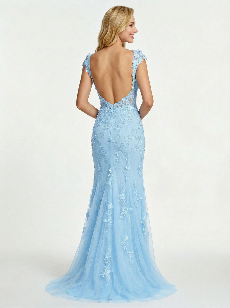 Elegant Floral Applique Side Slit Mermaid Prom Dress with Cap Sleeves