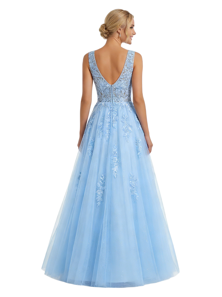 ChicSew Elegant Floral Applique V-neck A-line Tulle Prom Dress