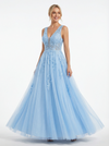 Elegant Floral Applique V-neck A-line Tulle Prom Dress