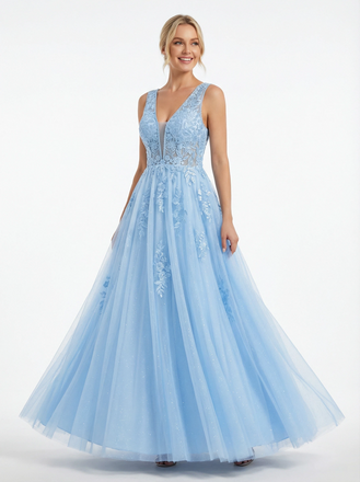 Elegant Floral Applique V-neck A-line Tulle Prom Dress