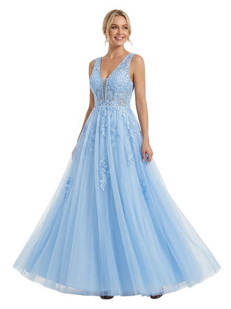 ChicSew Elegant Floral Applique V-neck A-line Tulle Prom Dress