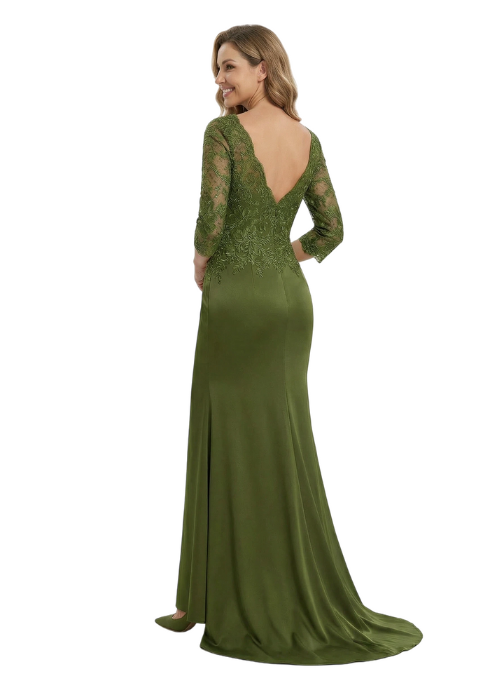Chicsew Elegant Scoop Lace 3/4 Sleeves Satin Mermaid Mother Of The Bride Dresses
