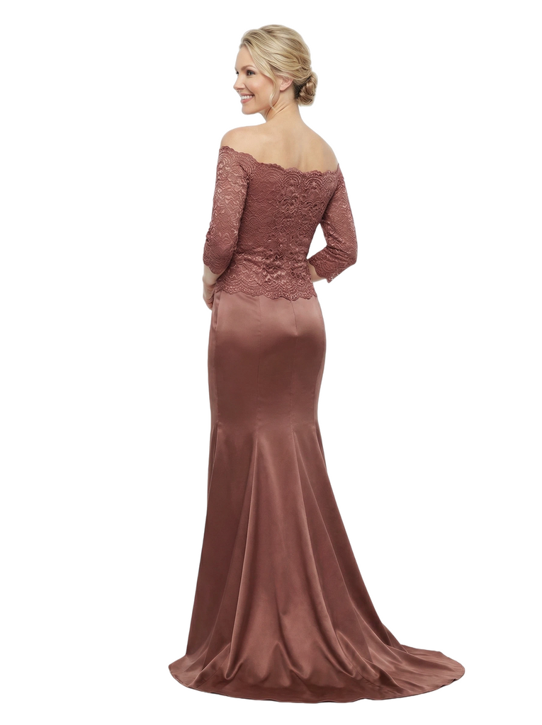 Chicsew Elegant Off Shoulder Lace 3/4 Sleeves Satin Mermaid Mother Of The Bride Dresses