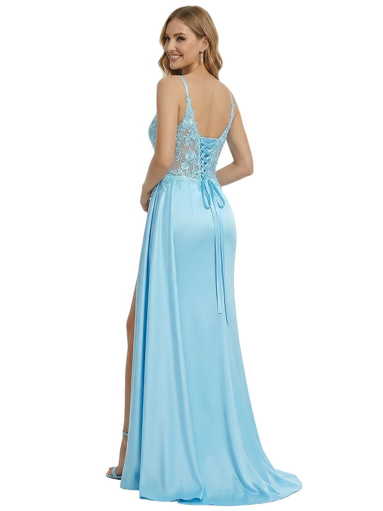 Elegant V-neck Lace Appliques Side Slit Satin Mermaid Party Dress