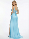 Elegant V-neck Lace Appliques Side Slit Satin Mermaid Party Dress
