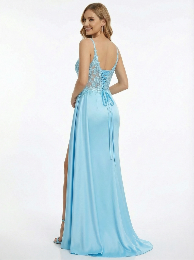 Elegant V-neck Lace Appliques Side Slit Satin Mermaid Party Dress