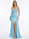 Elegant V-neck Lace Appliques Side Slit Satin Mermaid Party Dress