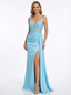 Elegant V-neck Lace Appliques Side Slit Satin Mermaid Party Dress