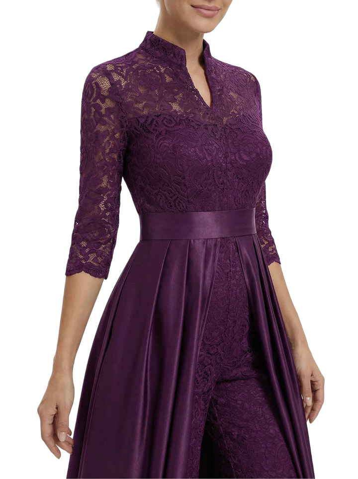 Chicsew Mother of The Groom Outfit V-Neck 3/4 Sleeve Lace Pantsuit Satin Overskirt