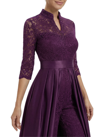 Chicsew Mother of The Groom Outfit V-Neck 3/4 Sleeve Lace Pantsuit Satin Overskirt