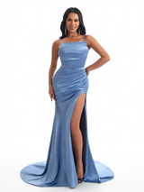Sexy Spaghetti Straps Mermaid Soft Satin Side Slit Beauty Long Bridesmaid Dresses Online