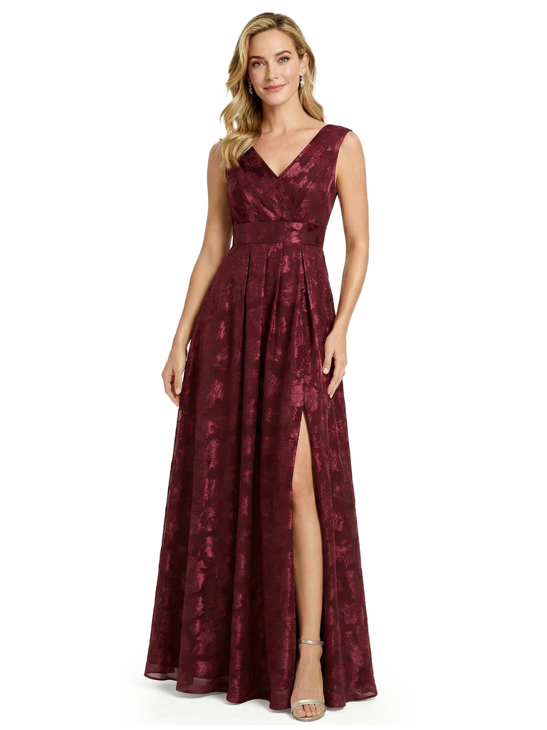 Fancy V-Neck Floral Burnout Chiffon A-Line Formal Evening Gowns With Side Slit