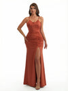 Women's Elegant Ruched Mermaid Soft Satin Floor Length Evening Dresses Side Slit Spaghetti Straps