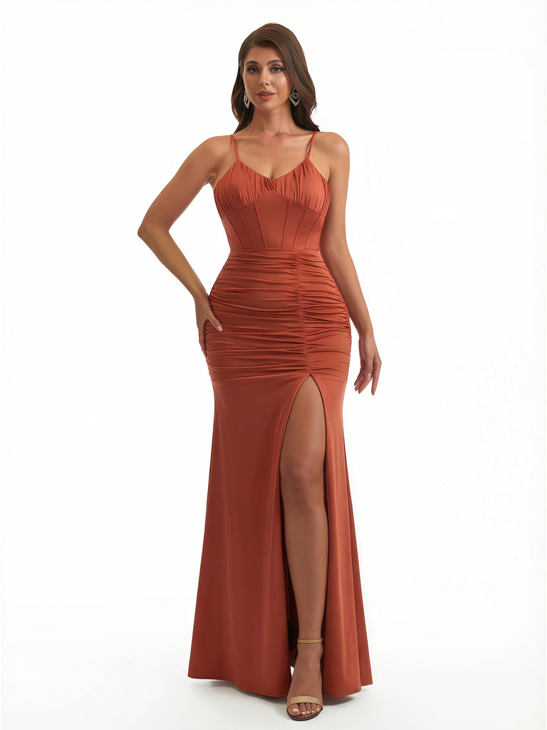 Women's Elegant Ruched Mermaid Soft Satin Floor Length Evening Dresses Side Slit Spaghetti Straps