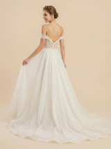 A-Line Off Shoulder Ruched Maxi Long Sequin Tulle Wedding Dresses Online