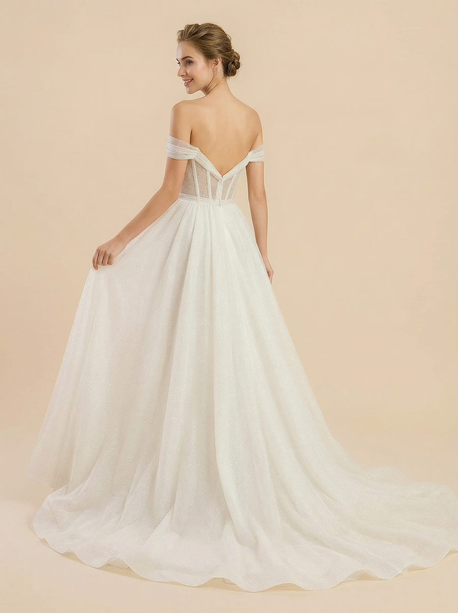 A-Line Off Shoulder Ruched Maxi Long Sequin Tulle Wedding Dresses Online