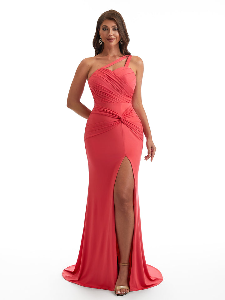 Sexy Mermaid One Shoulder Side Slit Stretchy Jersey Long Bridesmaid Dresses