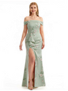 Simple Off Shoulder Side Slit Mermaid Long Satin Floral Formal Evening Dresses For Ladies