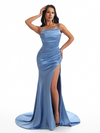 Sexy Spaghetti Straps Mermaid Soft Satin Side Slit Beauty Long Bridesmaid Dresses Online