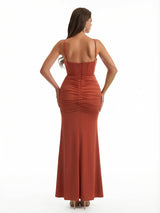 Women's Elegant Ruched Mermaid Soft Satin Floor Length Evening Dresses Side Slit Spaghetti Straps