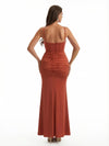 Women's Elegant Ruched Mermaid Soft Satin Floor Length Evening Dresses Side Slit Spaghetti Straps