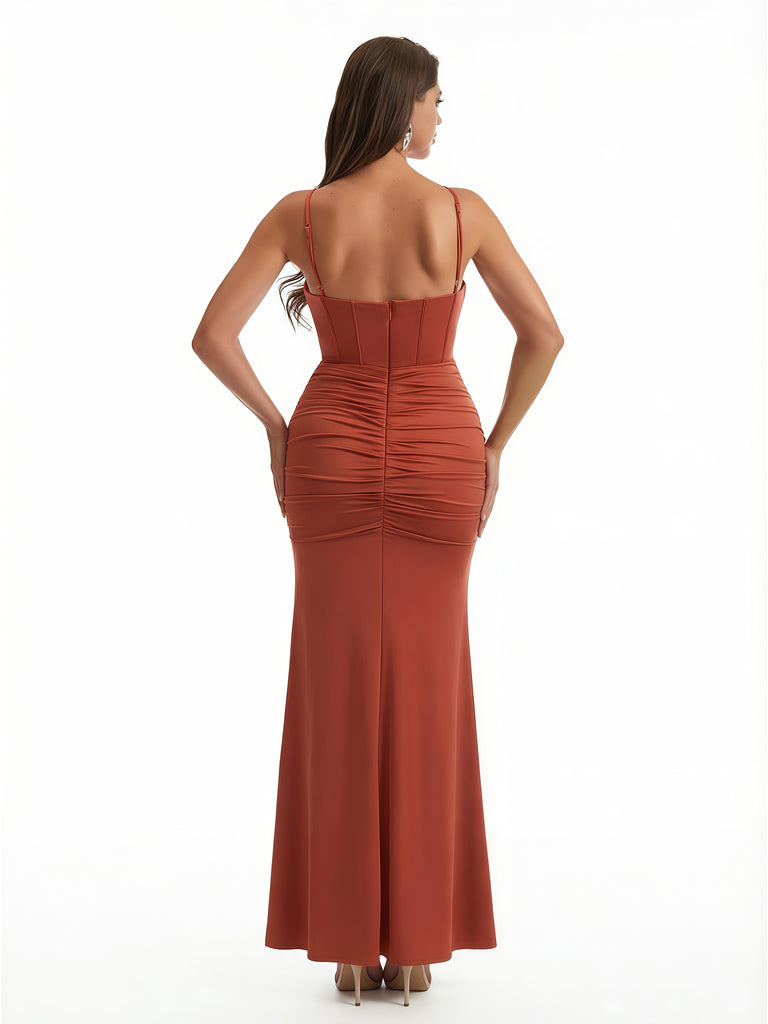 Women's Elegant Ruched Mermaid Soft Satin Floor Length Evening Dresses Side Slit Spaghetti Straps