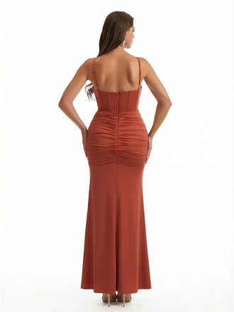 Women's Elegant Ruched Mermaid Soft Satin Floor Length Evening Dresses Side Slit Spaghetti Straps