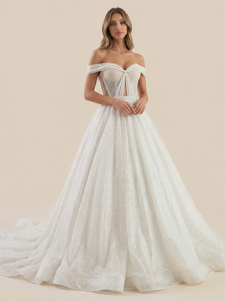 A-Line Off Shoulder Ruched Maxi Long Sequin Tulle Wedding Dresses Online