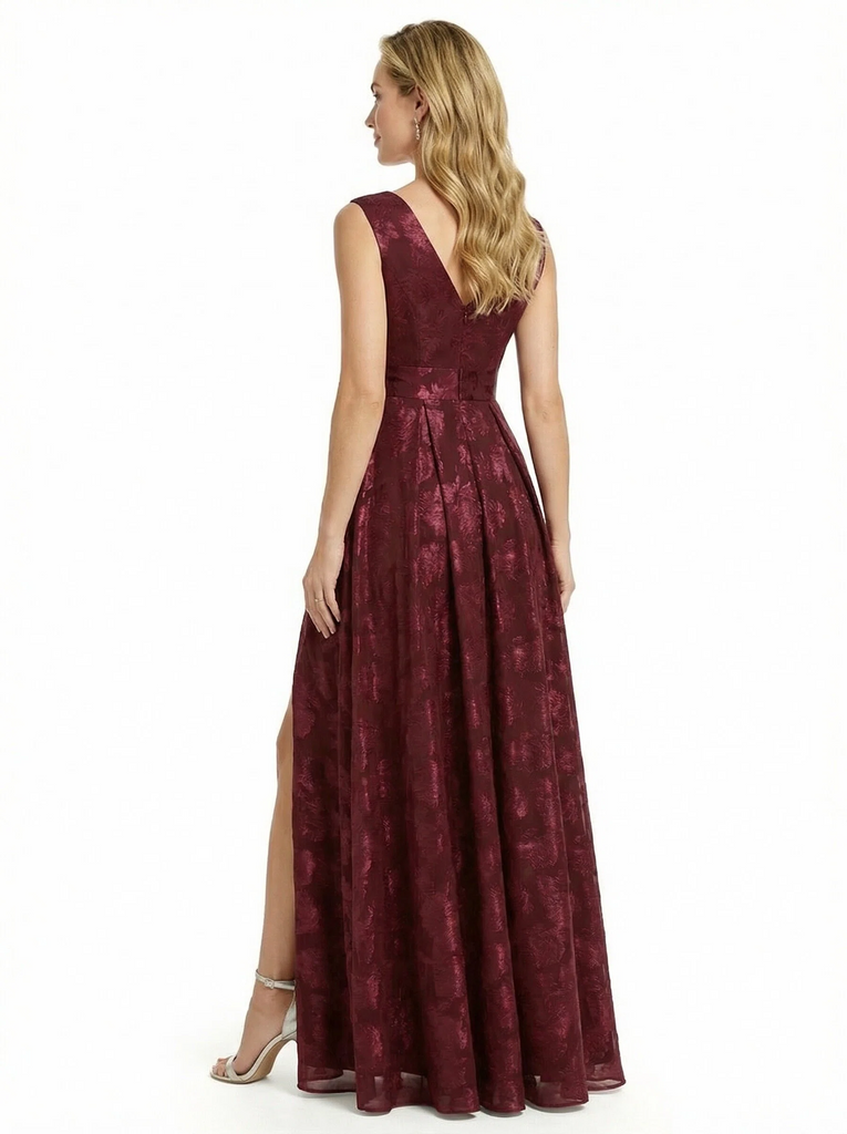 Fancy V-Neck Floral Burnout Chiffon A-Line Formal Evening Gowns With Side Slit