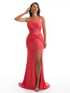 Sexy Mermaid One Shoulder Side Slit Stretchy Jersey Long Bridesmaid Dresses