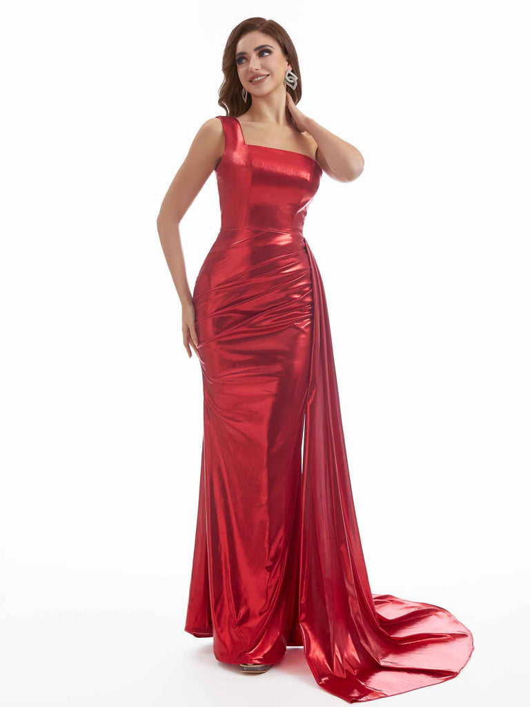 Sexy Mermaid One Shoulder Metallic Stretch Shiny Fabric Long Bridesmaid Dresses Online