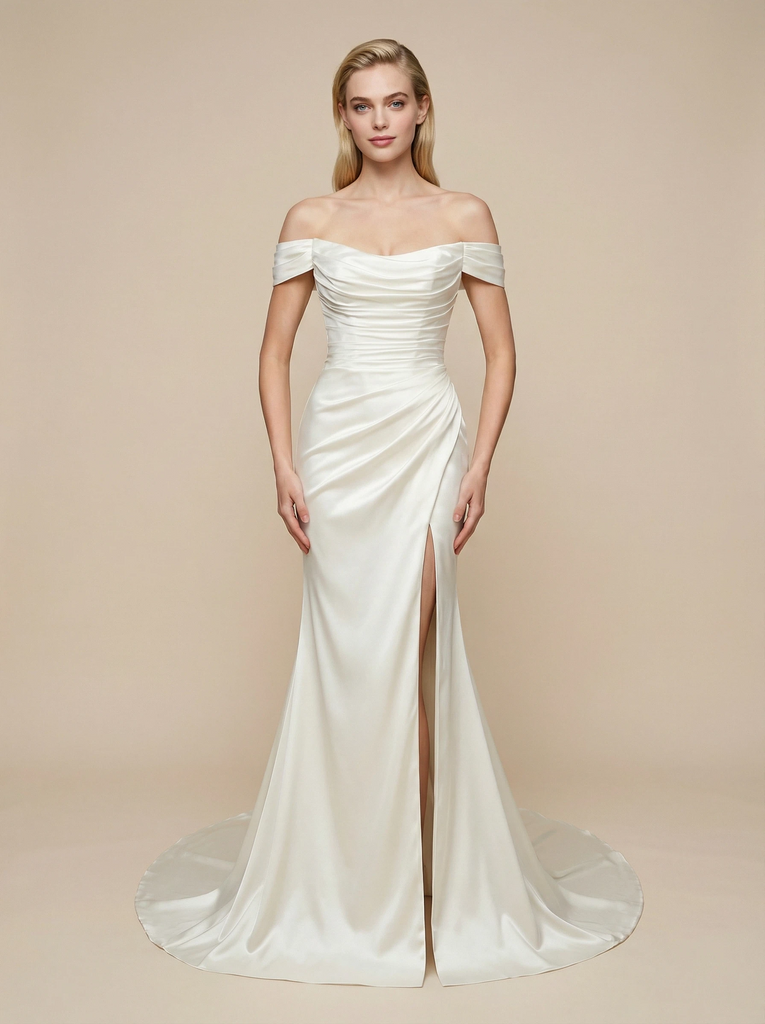 Mermaid Off Shoulder Side Slit Maxi Long Satin Wedding Dresses Online