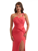 Sexy Mermaid One Shoulder Side Slit Stretchy Jersey Long Bridesmaid Dresses