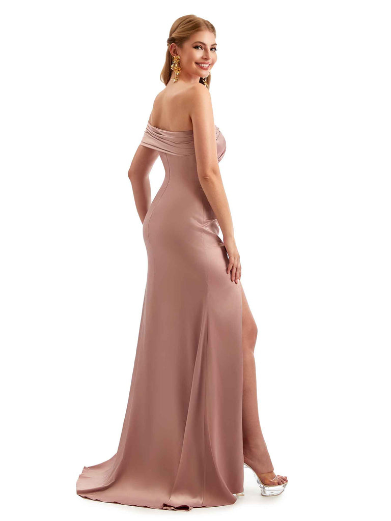 Sexy Side Slit One Shoulder Long Satin Unique Bridesmaid Dresses Online