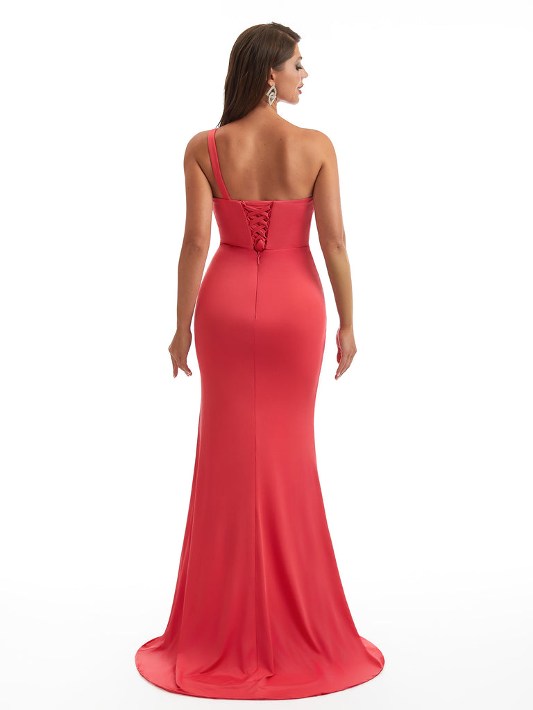 Sexy Mermaid One Shoulder Side Slit Stretchy Jersey Long Bridesmaid Dresses