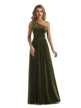 Elegant One Soulder Unique A-line Velvet Long Wedding Guest Dresses