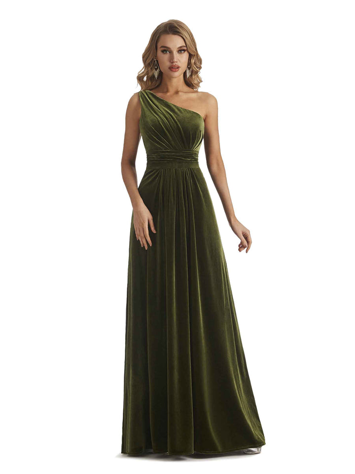 Elegant One Soulder Unique A-line Velvet Long Wedding Guest Dresses
