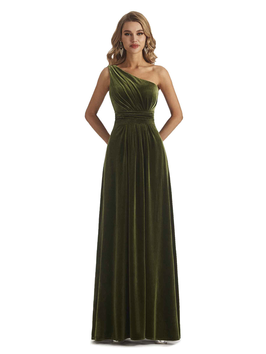 Elegant One Soulder Unique A-line Velvet Long Bridesmaid Dresses