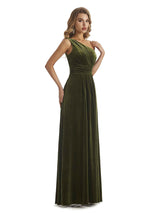 Elegant One Soulder Unique A-line Velvet Long Wedding Guest Dresses