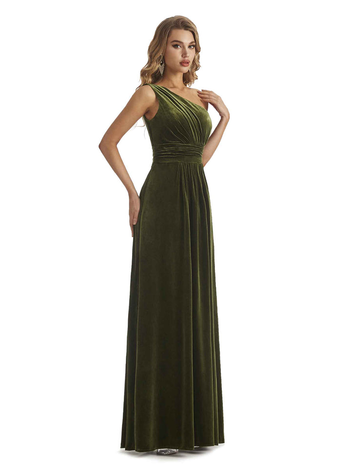 Elegant One Soulder Unique A-line Velvet Long Wedding Guest Dresses